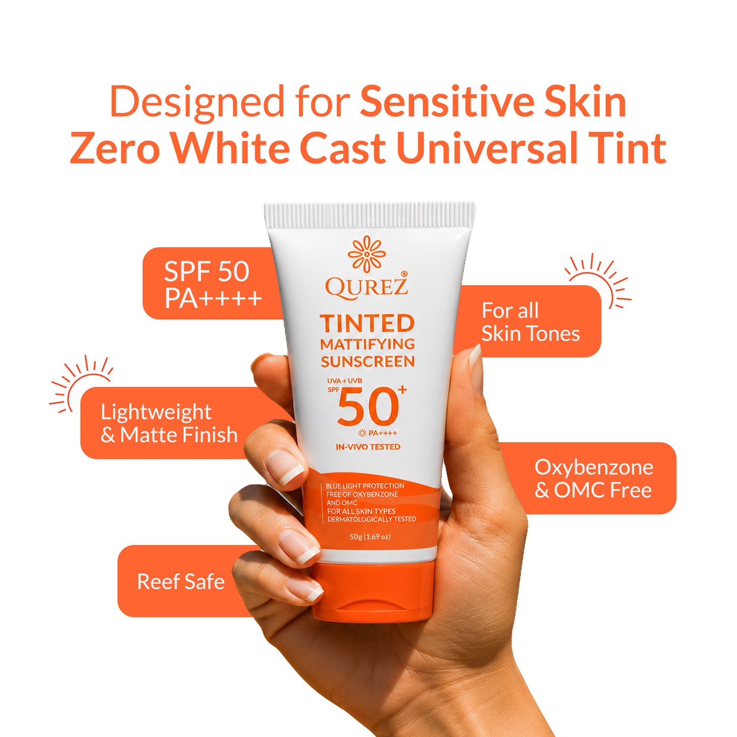 Qurez Acne-Safe Daily Protection Combo | Mattifying Tinted Sunscreen SPF 50 + Clearing Face Wash + Gentle Dab Cloth