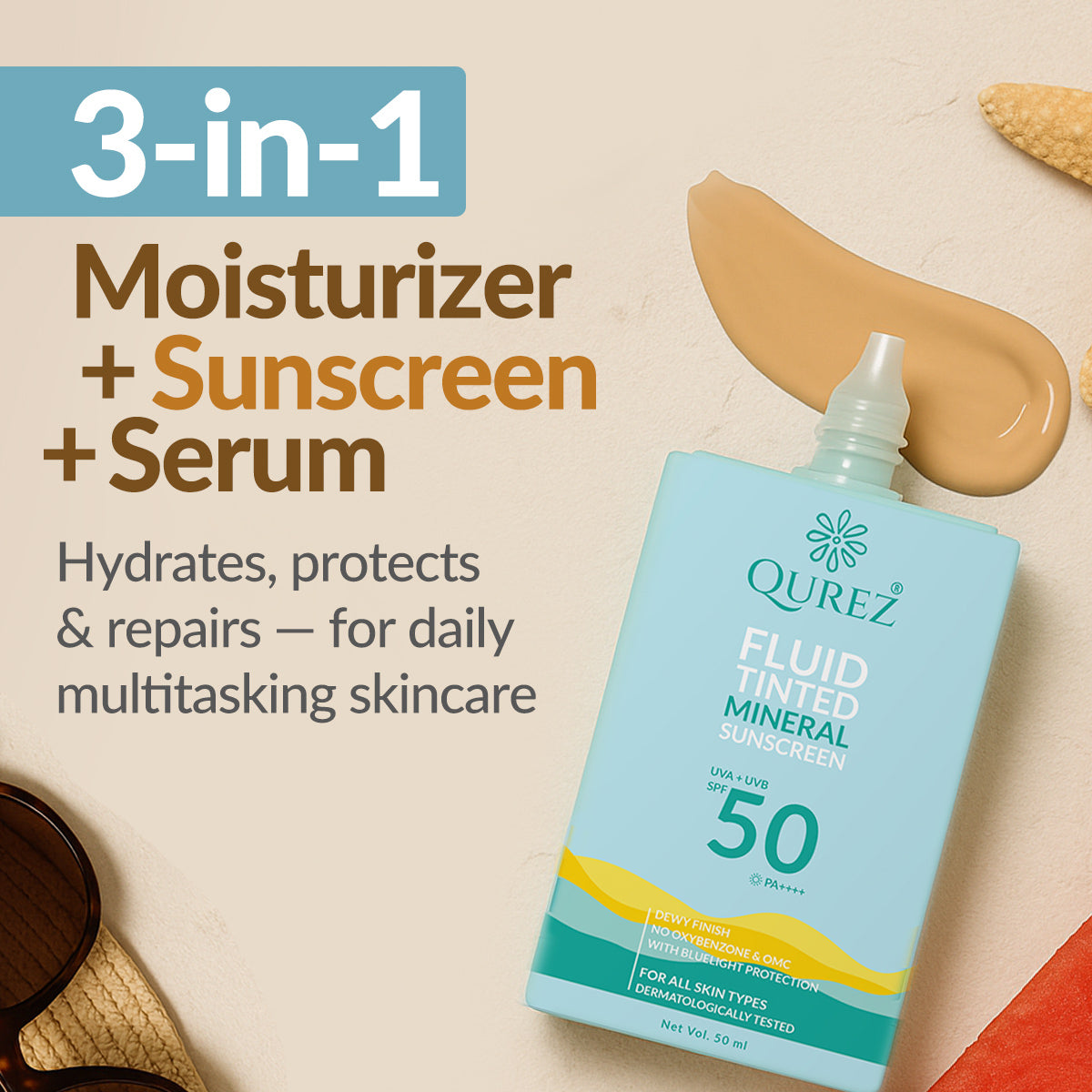 Qurez Fluid Tinted Mineral Sunscreen SPF 50 PA++++ with Cica, Ceramides and HA | Dermatologically Tested & Pregnancy Safe