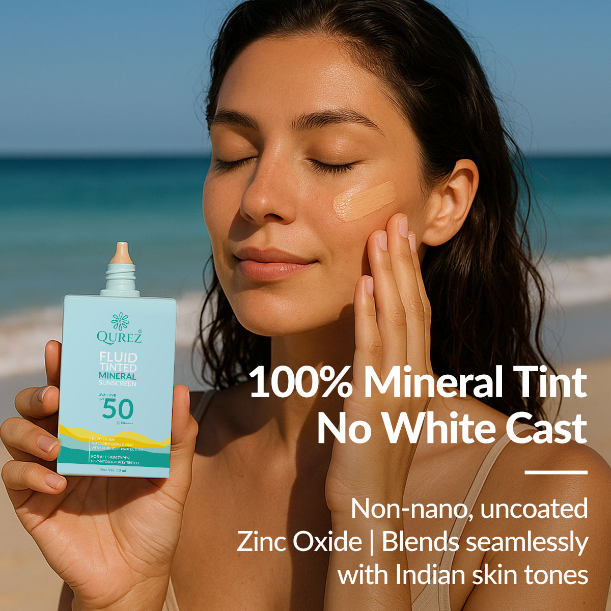 Qurez Fluid Tinted Mineral Sunscreen SPF 50 PA++++ with Cica, Ceramides and HA | Dermatologically Tested & Pregnancy Safe