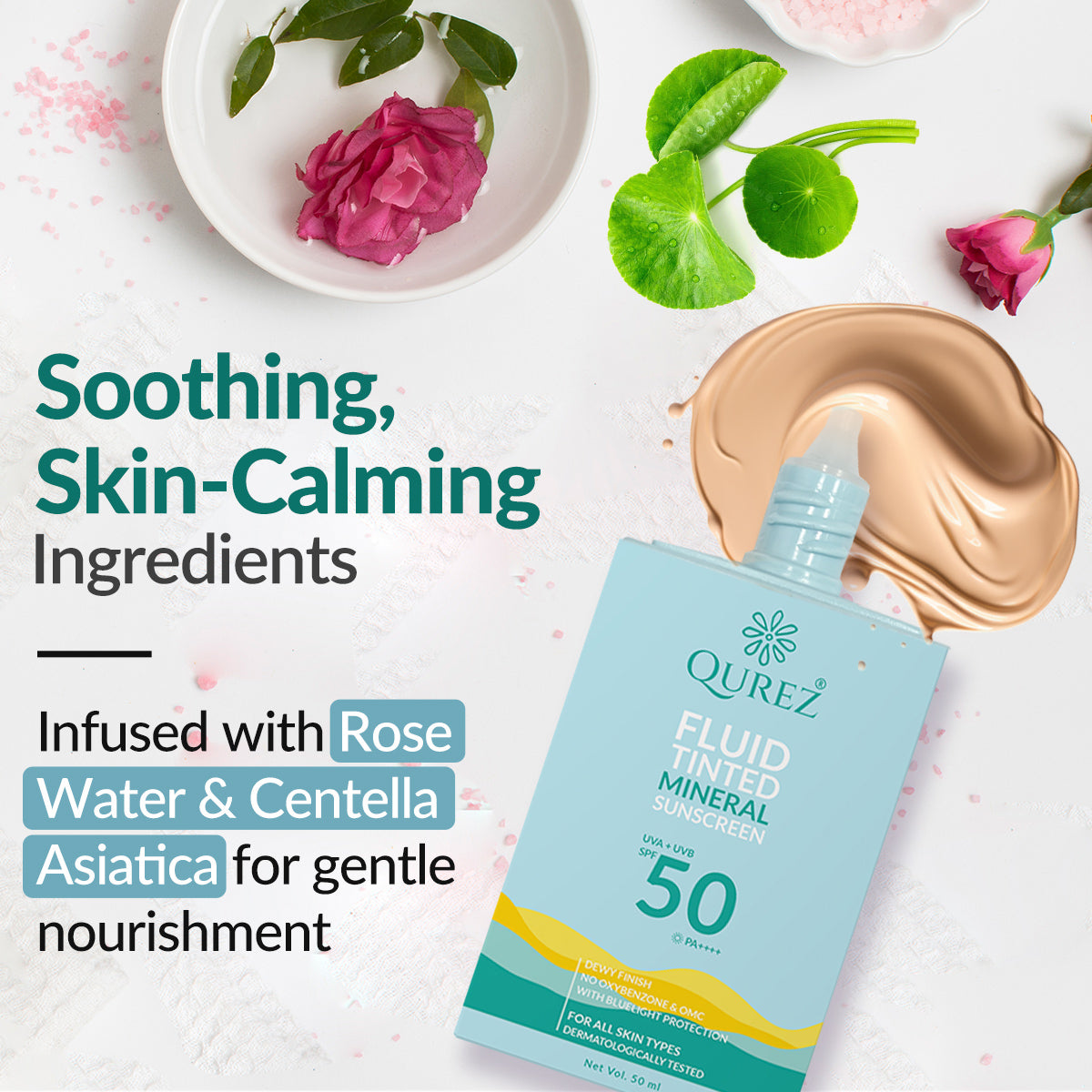 Qurez Fluid Tinted Mineral Sunscreen SPF 50 PA++++ with Cica, Ceramides and HA | Dermatologically Tested & Pregnancy Safe