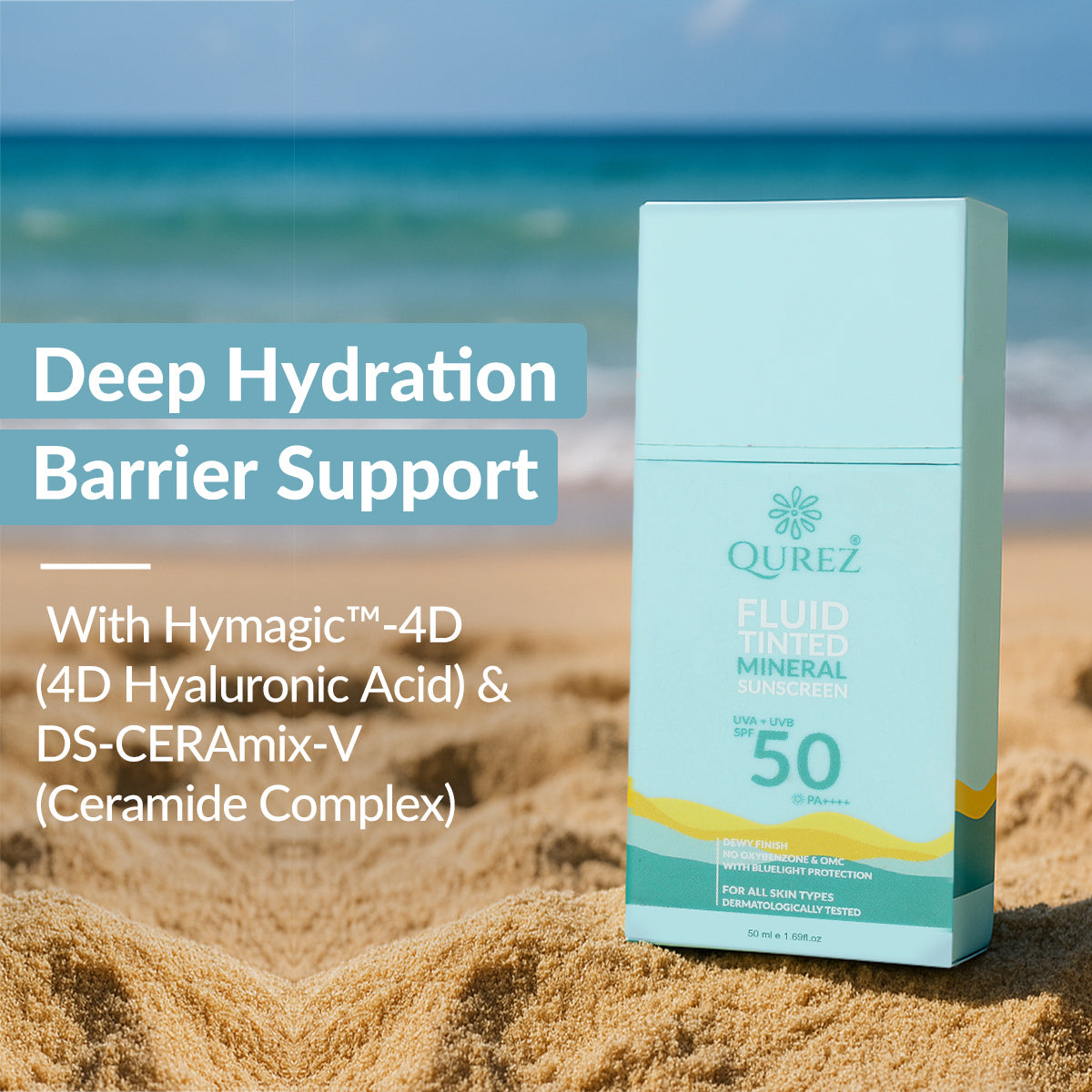 Qurez Fluid Tinted Mineral Sunscreen SPF 50 PA++++ with Cica, Ceramides and HA | Dermatologically Tested & Pregnancy Safe
