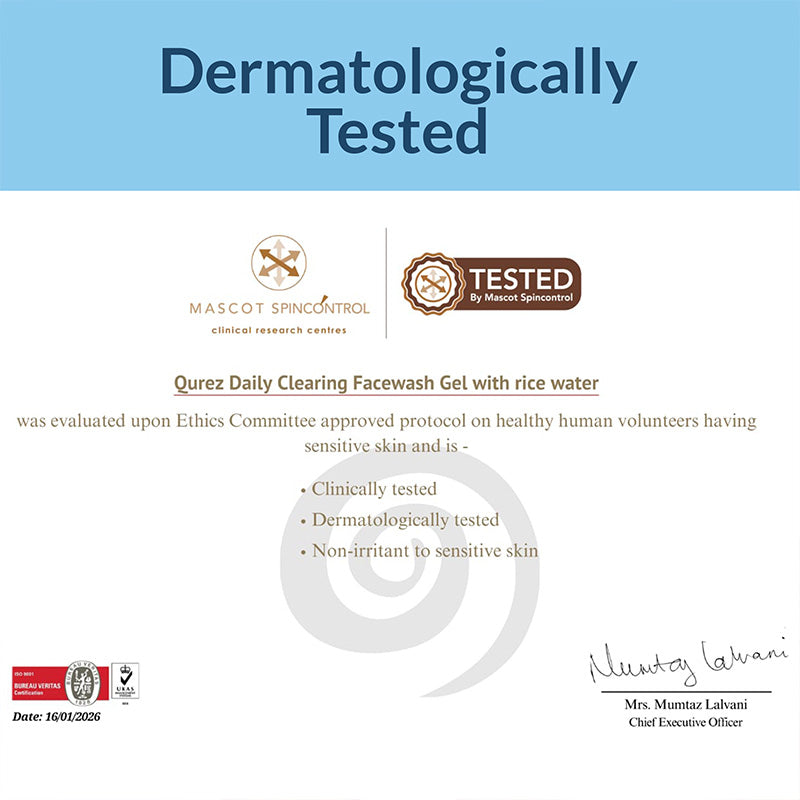 Qurez Daily Clearing Facewash | Rice water + Salicylic Acid + Niacinamide | Hardwater compatible | Dermatologically Tested on Sensitive Skin, 50g