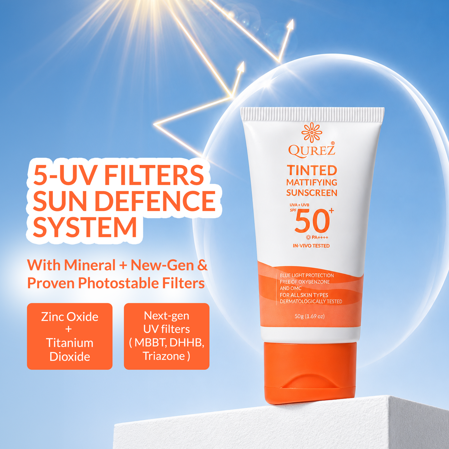 Qurez Acne-Safe Daily Protection Combo | Mattifying Tinted Sunscreen SPF 50 + Clearing Face Wash + Gentle Dab Cloth