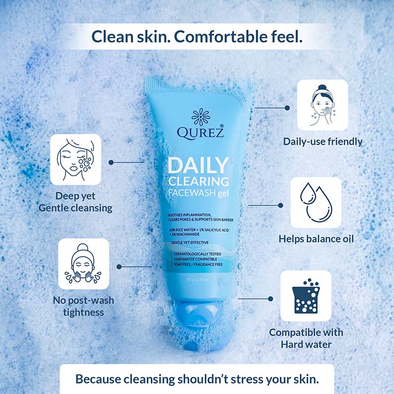 Qurez Daily Clearing Facewash | Rice water + Salicylic Acid + Niacinamide | Hardwater compatible | Dermatologically Tested on Sensitive Skin, 50g