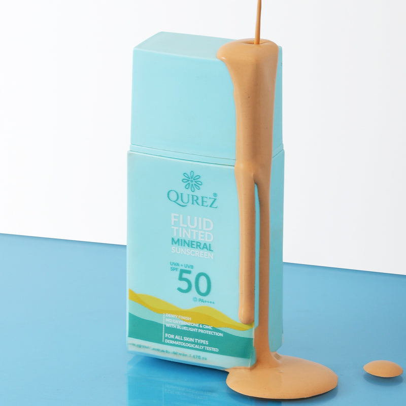 Qurez Fluid Tinted Mineral Sunscreen SPF 50 PA++++ with Cica, Ceramides and HA | Dermatologically Tested & Pregnancy Saf