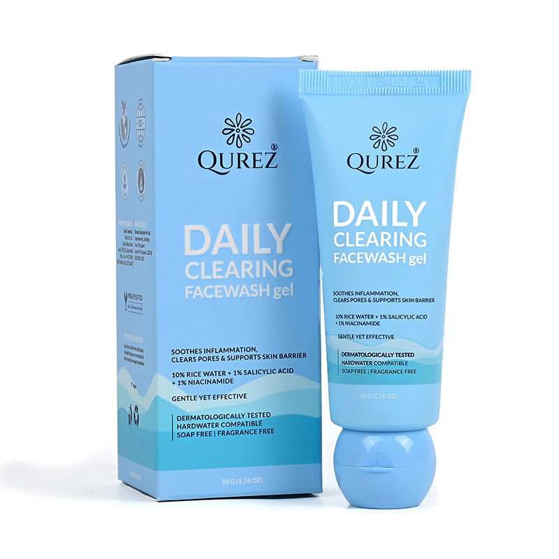 Qurez Daily Clearing Facewash | Rice water + Salicylic Acid + Niacinamide | Hardwater compatible | Dermatologically Tested on Sensitive Skin, 50g