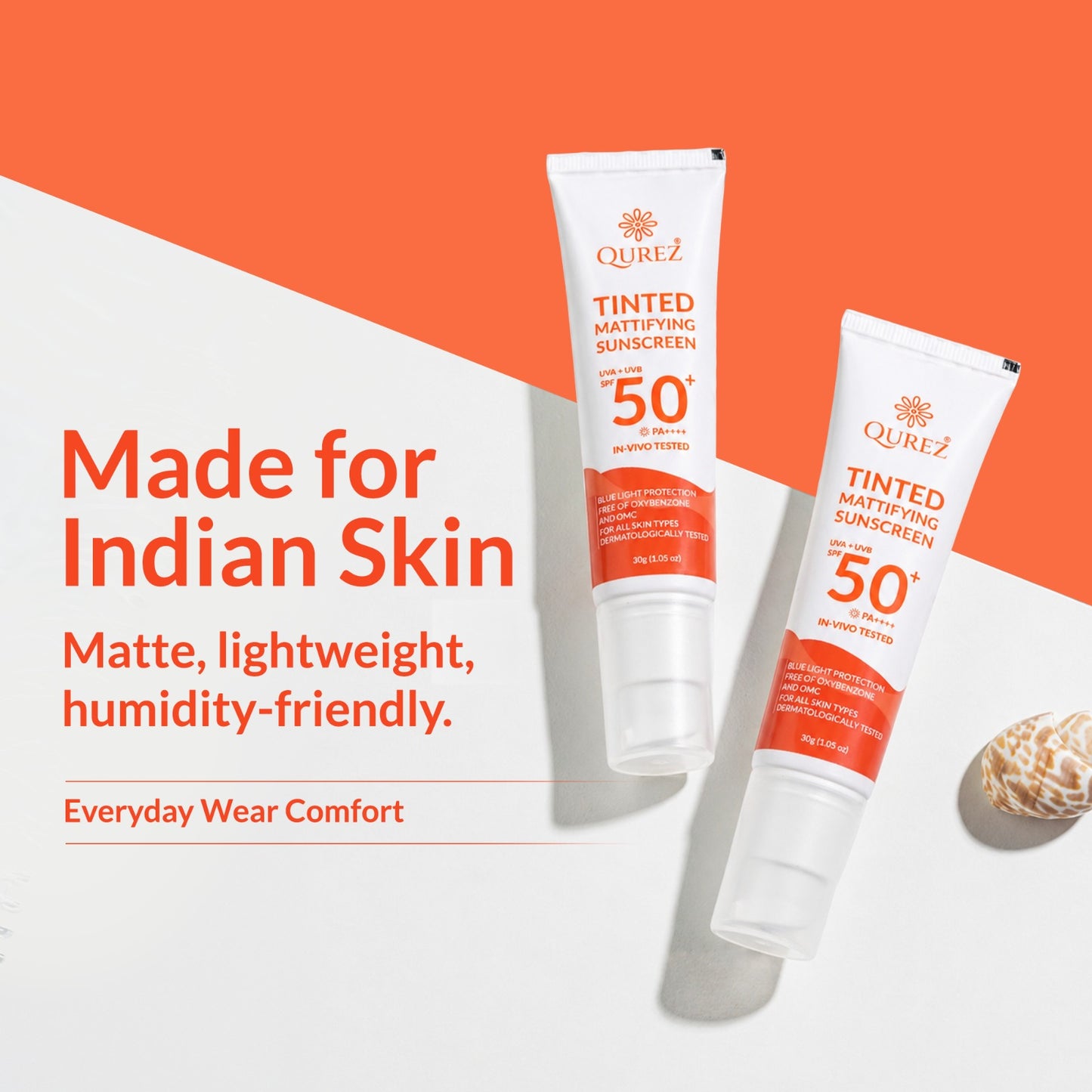 Qurez Tinted Mattifying Sunscreen SPF 50+ PA++++ (30g) ,Oil-Free, No White Cast, In Vivo Tested