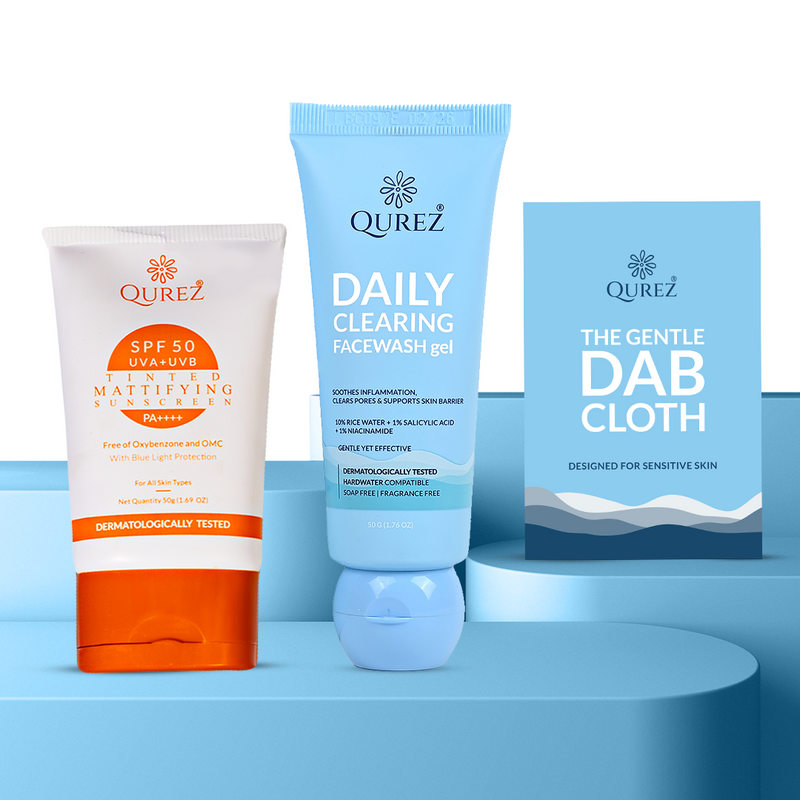 Qurez Acne-Safe Daily Protection Combo | Mattifying Tinted Sunscreen SPF 50 + Clearing Face Wash + Gentle Dab Cloth