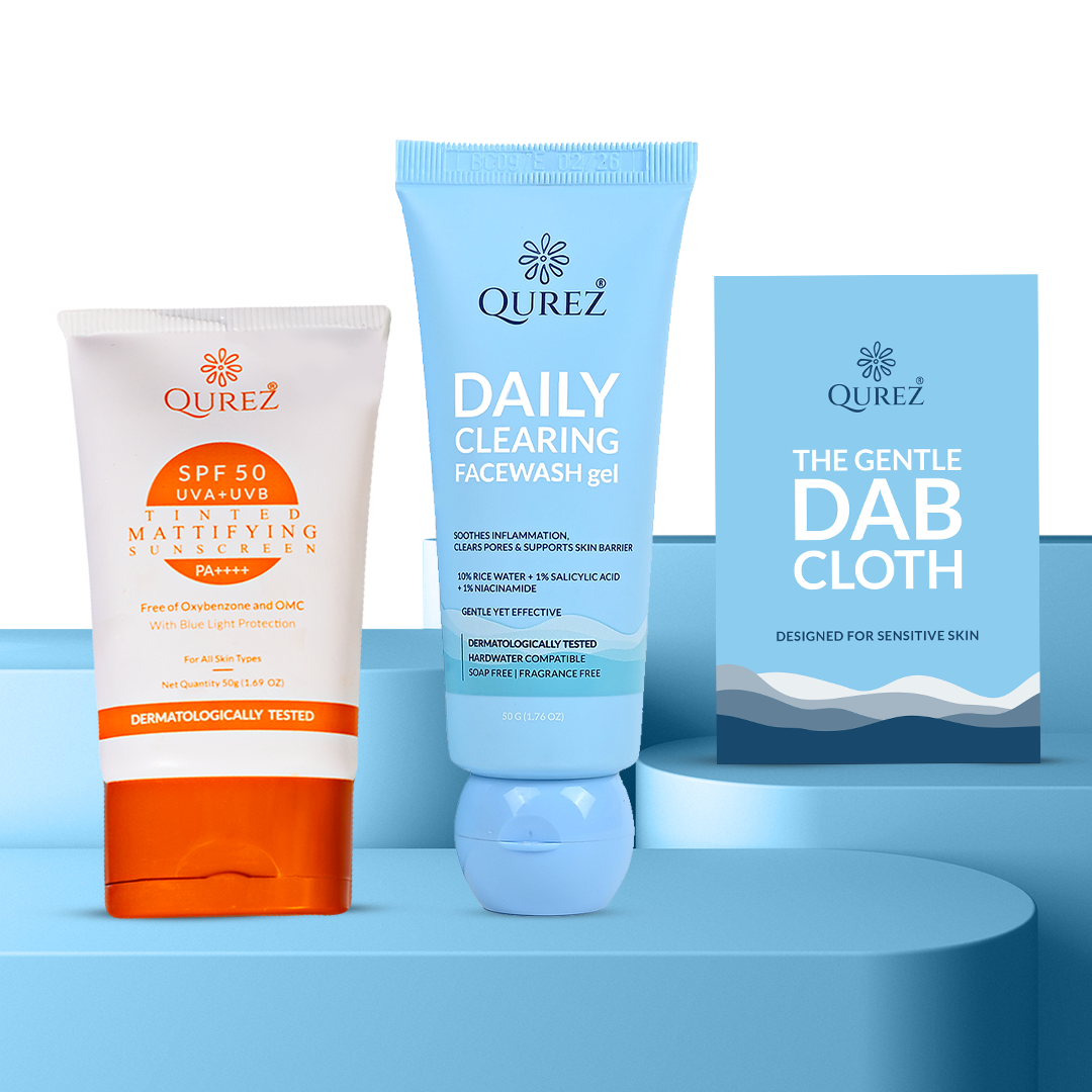Qurez Acne-Safe Daily Protection Combo | Mattifying Tinted Sunscreen SPF 50 + Clearing Face Wash + Gentle Dab Cloth