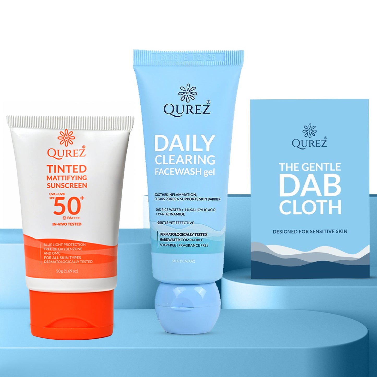 Qurez Acne-Safe Daily Protection Combo | Mattifying Tinted Sunscreen SPF 50 + Clearing Face Wash + Gentle Dab Cloth